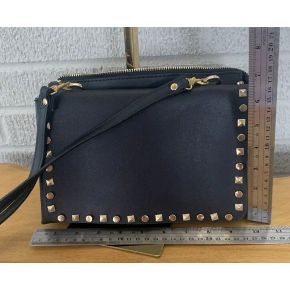 Mark & Hall Fold Over Black Faux Leather Crossbody Flap Bag Gold Rock Stud EUC